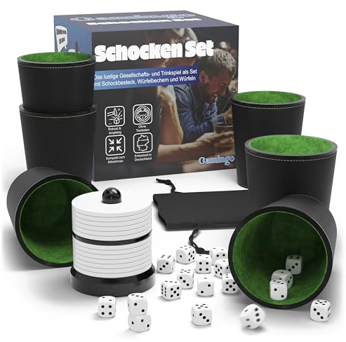 Gamingo Schocken Set Komplett Mit 6 Würfelbechern, Schockbesteck & Würfeln - Hochwertiges Würfelspiel, Langlebig - Ideal Fürs Schocken