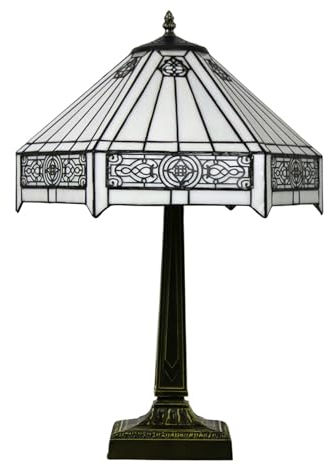 BOTOWI Tiffany Lampe Mission Stil Tischlampe handgefertigt Glasmalerei Lampenschirm Vintage gelb weiß Nachttisch Leselampe 16X16X22 Zoll für Studie Nachttisch Wohnzimmer,Weiß