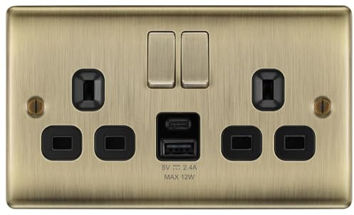 BG Antique Brass Double Socket with USB 12W Type A & Type C USB NAB22UAC12B