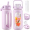BLUEGO 2000ml Bouteilles d'eau en verre avec 2 couvercles Gourd avec paille 2L Grande bouteille d'eau avec marqueurs de temps et de capacité pour salle de sport Maison Étanche, Violet
