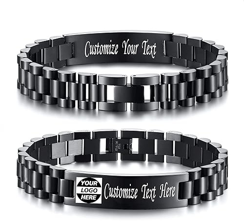 Enni of York Customize Couple Jewelry Metal Stainless Steel ID Tag Watch Band Bracelet,Gift for Anniversary,8.3 (Black4-Logo-1.5cm)