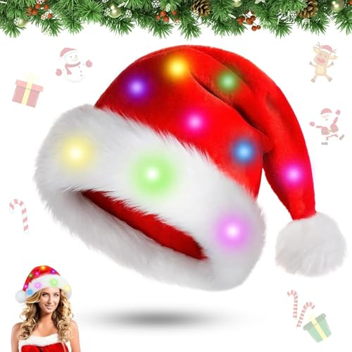 Weihnachtsmütze, Mütze mit LED Licht, Santa Hat Erwachsene Nikolausmützen, Plüsch Weihnachten Partyhut LED, Weihnachtsmann Mützen Kuschelweich, Christmas Hat Einheitsgröße für Erwachsene Kinder