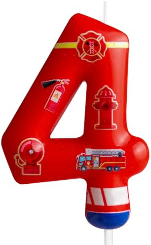 Kerze zum 4. Geburtstag, Feuerwehrauto Nummer 4, roter Feuerwehr-Feuerlöscher, Kuchendekoration, Geburtstagsparty, Zubehör