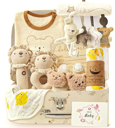 Golray 9pcs Newborn Baby Gift Baskets for Boys Girls Baby Shower, 2 Rattle/Seat Hang Toy/Blanket/Bodysuit/Bib/ 3D Socks/Wood Milestone/Carry Box, Neutral New Born Essential Stuff Unisex Baby Gifts Boy