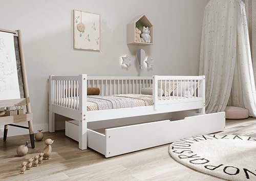 TIMBEE - Alfi Box - Cama Infantil 90x200 con cajón - Cama Infantil Blanca con somier y Barra de Seguridad extraíble - Carga máx. 100 kg - Madera de Pino