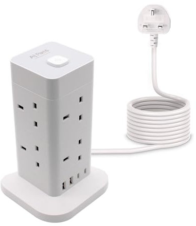 Tower Extension Lead with USB 2M Cords, Vertical Desktop Power Strip Extension Tower with 8 Outlets and 4 USB Ports, Switched Charge Station and surge protected extension lead with 2M Cable WHITE