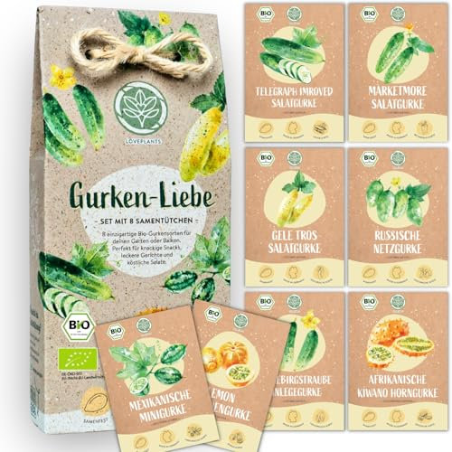 Bio Gurken Samen Set – 8 Sorten samenfeste, Freiland geeignete Bio Gurkensamen – mit extra viel Gurken Saatgut für deinen Balkon, Beet oder Garten. Snackgurken, Minigurken und Salatgurken Samen.