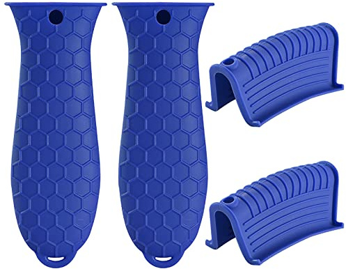 Soporte de Agarre Térmico de Silicona, Abrazadera de Agarre Térmico de Silicona y Soporte de Mango Auxiliar Non Slip para Olla, Plancha, Sartén, Horno, 4 Piezas Azul