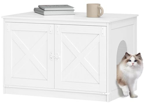 Hzuaneri Katzenklo Schrank, 80 cm Katzenschrank, Katzenhaus, Weiß | Katzentoilette mit Herausnehmbarer Trennwand, Umkehrbarer Eingang Links oder Rechts, als Sideboard, 80 x 50 x 54 cm, CB86613W
