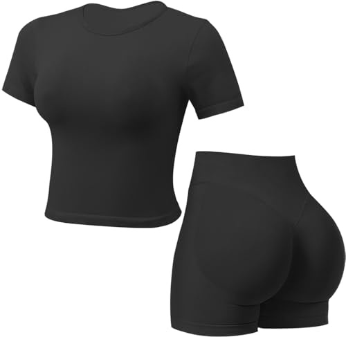 JN JANPRINT Seamless Gym Sets for Women 2 Piece Shorts Sleeve Top Hidden Scrunch Shorts Yoga Outfits Tracksuit