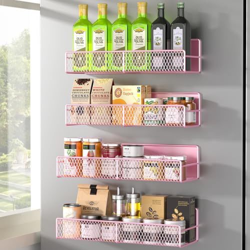 Kmise Magnetic Spice Rack for Refrigerator, 4 Pack 100% Metal Strong Magnet Fridge Shelves, Space Saving Spice Organizer, No Drilling Moveable Home Kitchen Laundry Room Storage Organization, Pink
