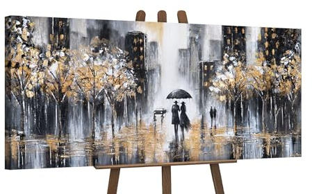 YS-Art pittura acrilica città su tela con accenti d'oro dipinti a mano murale soggiorno immagini moderne nero bianco arredamento per soggiorno 115x50 cm