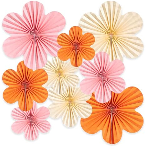 Papier Fächer Papierblumen Dekoration, 9 Stück Papierblumen Party Deko, Papierblumen Hanging, Papier Blumen Hängende mit Schnur und Pin, Papierblumen Deko Hängend(Orange, Rosa, Weiß)