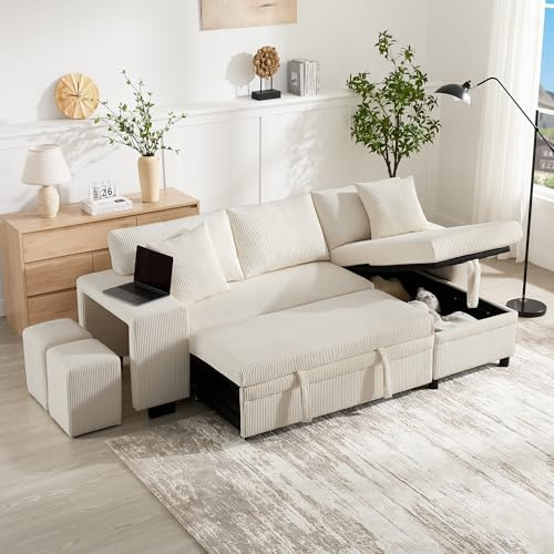 Sofá esquinero convertible plegable, con puerto de carga USB y cojines, sofá convertible de 3 plazas con función de cama, sofá cama de 3 plazas con estantes laterales y espacio de almacenamiento
