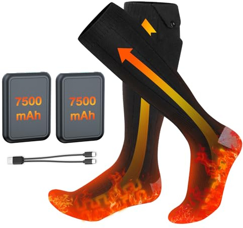 Calze Riscaldate a Batteria Ferdiiz, 2 set 7500mAh/5V Max. 14 Ore Inverno Ricaricabili Calzini USB Riscaldati Scaldapiedi Elettrico Calze al ginocchio con 4 Temperature per l'intero Plantare