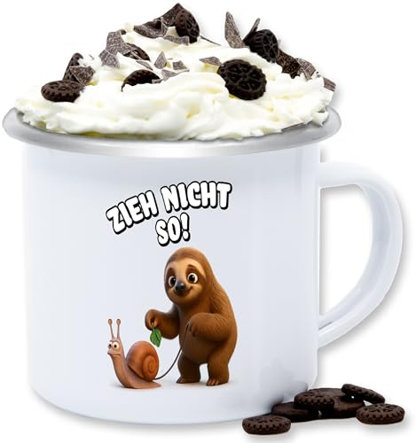 Emaille Tasse Blechtasse - Tassen - Zieh nicht so Faultier mit Schnecke I Lustiges Geschenk mit witzigen Sprüchen - 300 ml - Weiß Silber - geschenke schnecken spruch und zieht