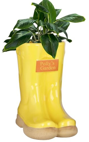 Dibor Ceramic Wellington Boot Plant Pot Indoor/Outdoor Plant Pot Herb Seedling Bulb Flower Pot Planter with Custom Personalised Engraved Plaque Gardening Gift (Yellow)