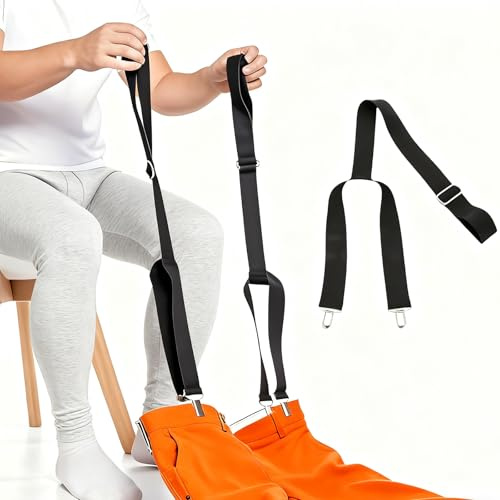 2-Pack Dressing Aid Clips for Pants – One-Hand Pants Assist Tool for Elderly, Disabled & Post-Surgery – Adjustable 26-41 Metal Clip with Nylon Strap (Black)