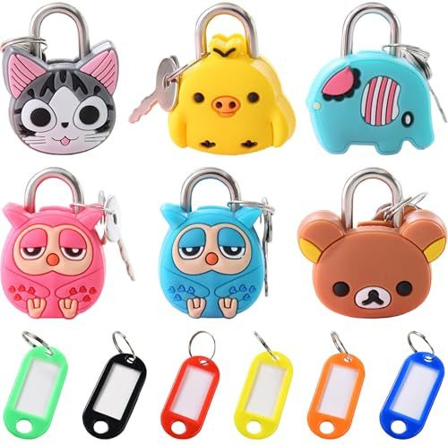 ZenyTra Lot de 6 mini cadenas - 6 adorables cadenas de dessin animé avec 6 porte-clés colorés pour valise, casier, journal et emballage cadeau