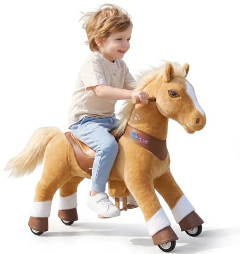 PonyCycle Model Y Ride on Horse for Kids Ages 3-4, Mechanical Riding Horse Toy with Brake, Light Brown Moving Horse Ride on Wheels Indoor & Outdoor, Birthday Present for Boys and Girls - Y371