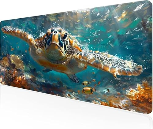 Musmatta sköldpadda spelmusmatta hav stor skrivbordsmatta 800 x 400 x 3 mm, arbete från hem nödvändigheter halkfri gummibas specialtexturerad vattentålig yta slitstark skrivbord matt för bärbar dator