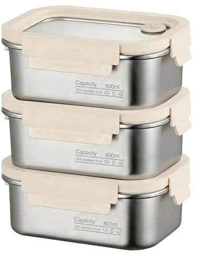 CECOMBINE 3Pack Stainless Steel Food Storage Containers With Lids, Airtight Metal Food Container, Stackable Meal Prep Containers, Leakproof Metal Lunch Box for School Office (800, Millilitres)