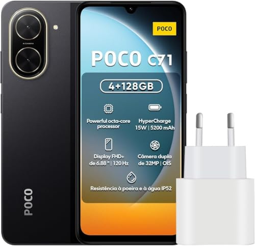XIAOMI Smartphone Poco C71, 4+128GO, 6.88, Android 15, Écran IPS LCD 120Hz, Noir, 600 nits, Processeur Unisoc T7250, avec Chargeur, sans NFC