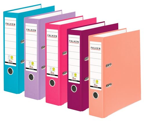 Falken Pack de 5 Archivadores PP-Color, Fabricado en Alemania, 8 cm, DIN A4, surtido en colores pastel, cubierta exterior de plástico, interior de papel, con etiqueta de lomo intercambiable