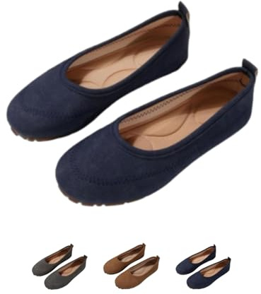 Ballerine da donna in pelle scamosciata, alla moda, casual, punta rotonda, mocassini piatti, comodi, pieghevoli, ortopedici, scarpe da passeggio, Blu, 0 UK