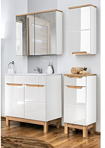 Lomadox Badezimmer Badmöbel Set 4-teilig 60 cm Hochglanz weiß mit Keramik Waschbecken, Waschtischunterschrank, Hängeschrank, Unterschrank und Spiegelschrank