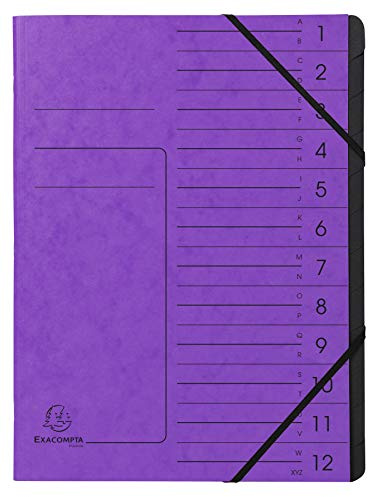 Exacompta - Ref 541208E - 1 häftad ryggpärm - med resårband - omslag tryckt i glansig kartong och insida i svart återvunnen kartong - 12 fack - mått 24,5x32 cm - A4 - färg lila