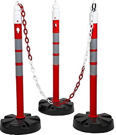 UvV Kettenpfosten 1 Meter hoch 63 mm breit rot reflektierend RA2B inkl. Absperrkette extra stabil und schwer für sicheren Stand (VPE 3 Pfosten und 5m Kette)