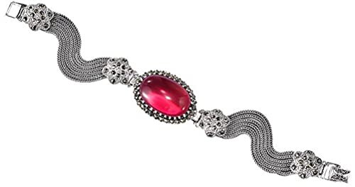 WOZUIMEI Bracciale in Argento Stile Cinese S925 Argento Sterling Stile Palazzo Vintage Topazio Marcasite Fiore Braccialetto Catena Frusta Cavallo Femmina SempliceBracciale in corindone rosso