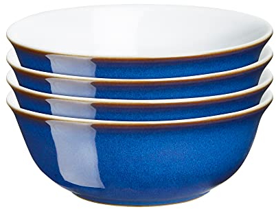 Denby - Imperial Blue Cereal Bowls Set of 4 - Dishwasher Microwave Safe Crockery 650ml 16.5cm - Royal Blue, White Ceramic Stoneware Tableware - Chip & Crack Resistant Soup Bowls