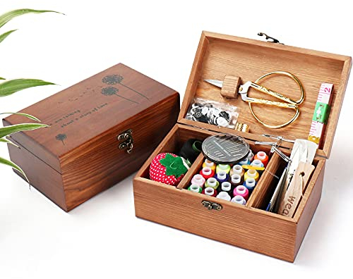 Joyeee Holz Nähset - Premium Nähanzugbox mit kompletten Nähzubehör für Ausbessern von Kleidung, DIY Hobby Haushalt Nähwerkzeuge für Oma Mutter Mädchen Anfänger, Tragbare für Reise und Notfall#4