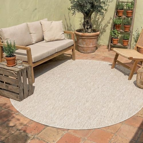 FRAAI | Home & Living In- & Outdoor Teppich Rund - Costa Beige - Ø 160 cm | Wetterfest - Synthetik, Polypropylen - Balkon, Garten / Terrasse - Terrasse teppich - Outdoor rug