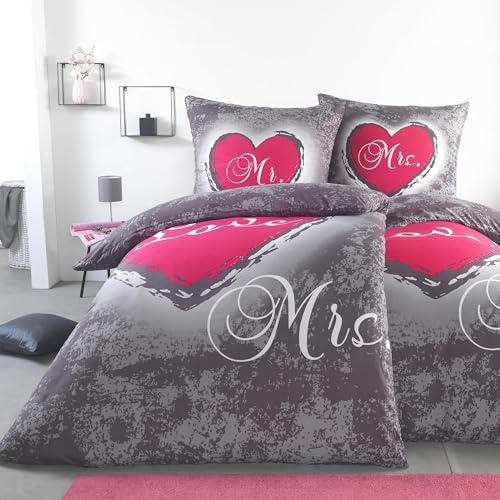 BaSaTex Microfaser Partner Bettwäsche mit Wendemotiv | 2X 135x200 Bettbezug + 2X 80x80 Kissenbezug | Mikrofaser Bettwäsche Set 4 teilig für Paare | Design: Heart Love