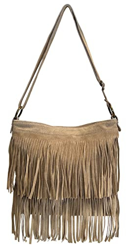 Modarno Bolso bandolera con flecos de ante - bolso bandolera mujer de ante, Taupe Claro