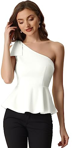 Allegra K Blusa sin Mangas para Mujer Peplum Top de un Hombro con Volantes Blusa Elegante Blanco S