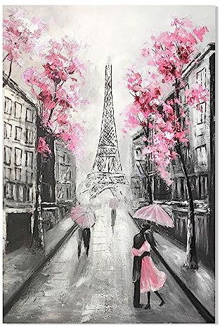 YPY Abstract Paris Canvas Wall Art: Black White Eiffel Tower Hand Painted Oil Painting, Pink and Grey Picture Print Room Decor for Teen Girls Bedroom Bathroom 24 x 36