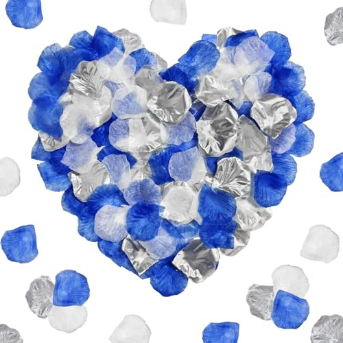 1200 Stück Rosenblätter,Blau Weiß Silber Deko Rosenblätter Seide Rosenblüten für Hochzeit Party Blumenmädchen Blütenblätter Fake Flower Petals Künstliche Seide Rosenblüten