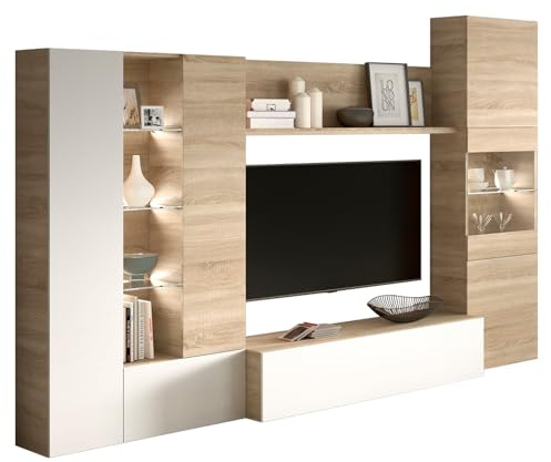 Direct Furniture Suppliers ESSENTIAL - Large Media Wall Tv Unit with White LEDs 10 Shelves and 7 Doors Tall Storage Column (Oak/White)