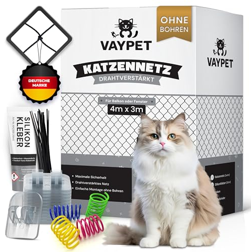 VAYPET® Katzennetz für Balkon ohne Bohren inkl. Klebehaken & Silikonkleber I Robustes Katzennetz drahtverstärkt & wetterfest I Einfach mit dem Katzennetz Balkon, Fenster & Terrasse sichern (3x4m)