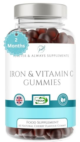 Iron Supplement & Vitamin C Gummies Kids & Adults - Cherry Flavour Iron Gummies for Women, Men & Children Age 3+ - Tiredness, Fatigue, Cognitive Function, Immune System & Nervous System Supplement