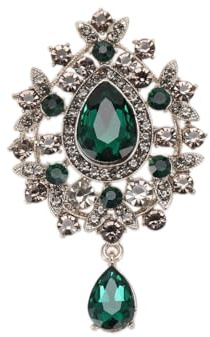 Broche vintage de lágrima verde esmeralda con diamantes de imitación y flores, delicado broche de gota con borlas de cristal brillante clásico y hermoso, joyería diaria, Metal, Circonia cúbica