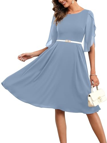 Missufe Damen Cocktailkleid Partykleid Abendkleid Chiffonkleid Elegant Knielang A Linien Festlich Swing Tulpen Halbarm Kleider (Hellblau, X-Large)