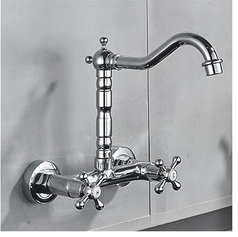 MWYDVHYOT Wandmontierter Badezimmer-Küchenarmatur, Doppelgriff, Messing, antiker Warm- und Kaltwasserhahn, 360-Grad-Drehgelenk, Langer Auslauf, Küchenmischbatterie(Chrome B)