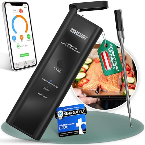 KITAPO Fleischthermometer kabellos [inkl. App], Grillthermometer, intelligentes Bratenthermometer für Küche und Grill, hohe Reichweite, hitzebeständig bis 300°C, Thermometer Kochen, Küchenthermometer