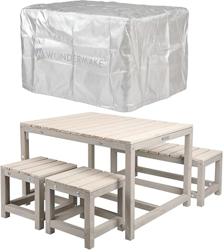 Wondermake® Design barnstol grupp utomhus trädgård trä med lock, barnsätesuppsättning inomhus picknickgrupp från 3 år, beige grå