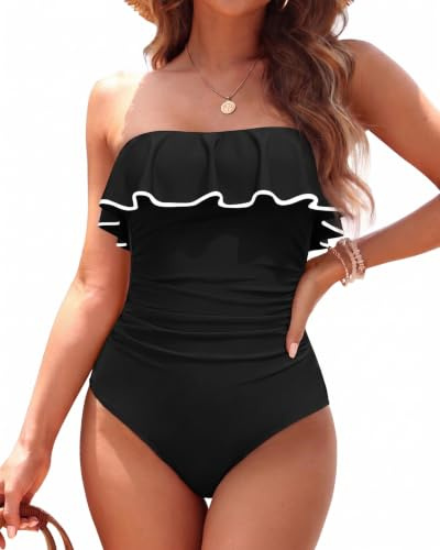 Holipick Black with White Strapless One Piece Swimsuits for Women M